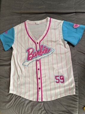 Spirit Barbie dream team White Baseball Jersey Pink Pinstripes & Blue Sleeves M